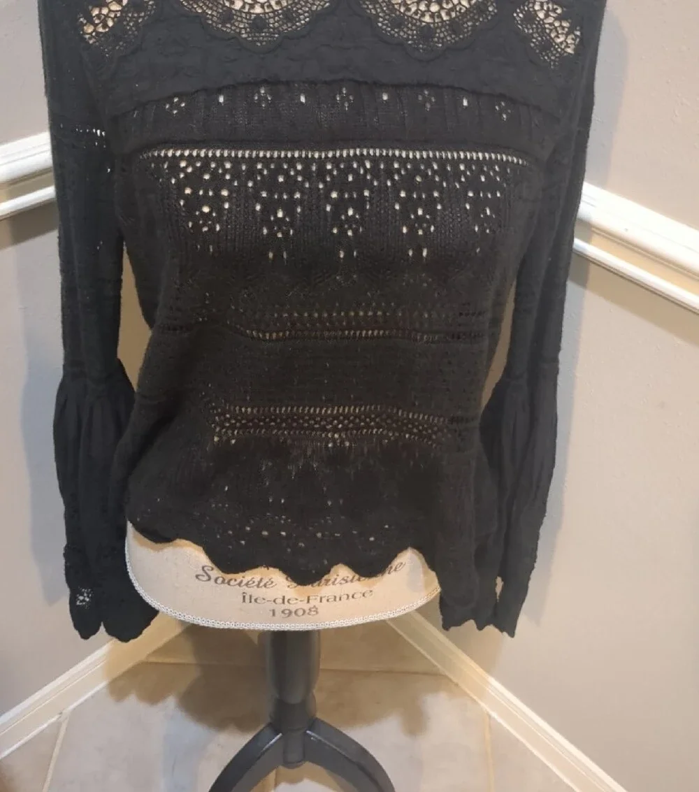 Free People Black Lace Knit Bell-Sleeve Women’s Top